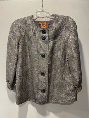 Tory Burch Silver Metallic Brocade Button Jacket Size 12 Shimmer Party Blazer